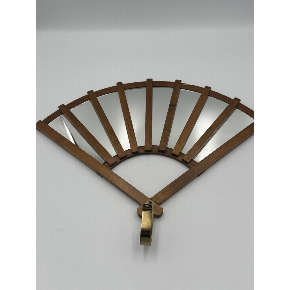 Vintage MCM Fan Shaped Wall Mirror Wood Frame Glass candle Holder - no glass